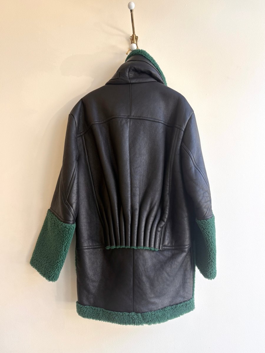 Kenzo Paris | Emerald Sherpa and Black Asymmetric Zip Leather Jacket - Made X Hudson