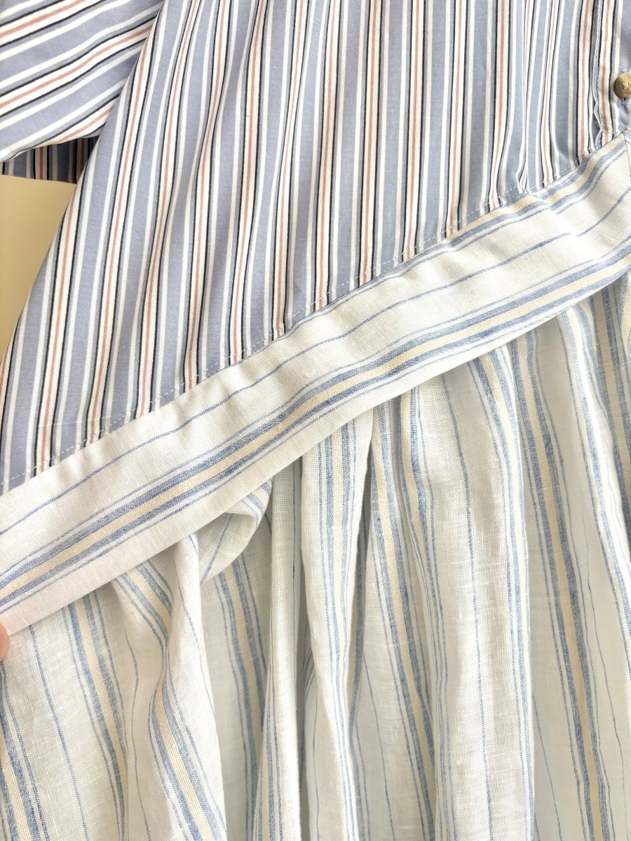 V - Line Shirtwaist Dress in White, Custard, & Baby Blue Stripe with Powder Blue & Ocher Stripe Short Sleeve (Reworked) - Made X Hudson