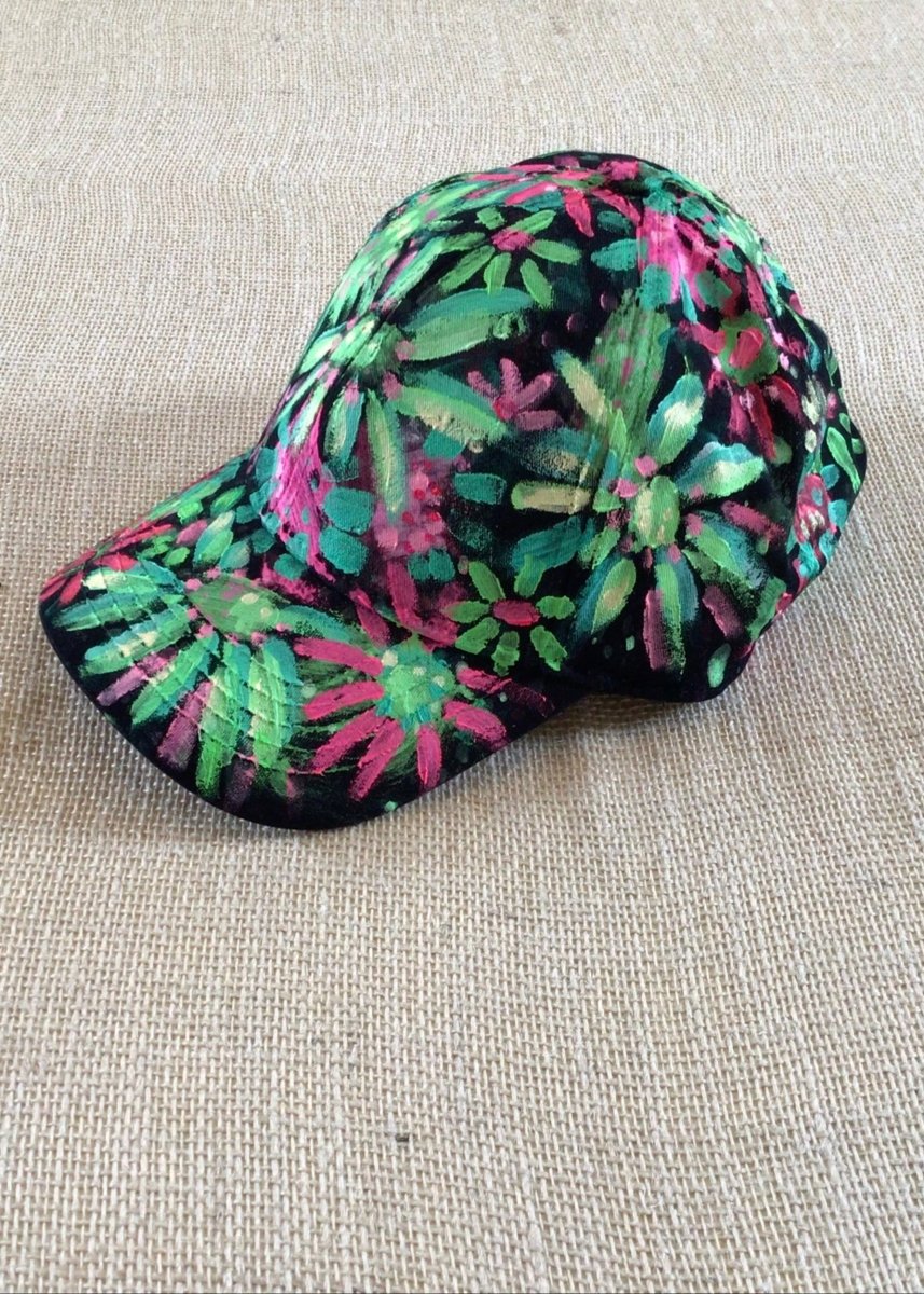 Black Hand Painted Neon Green & Pink Flowers Baseball Cap - Made X Hudson