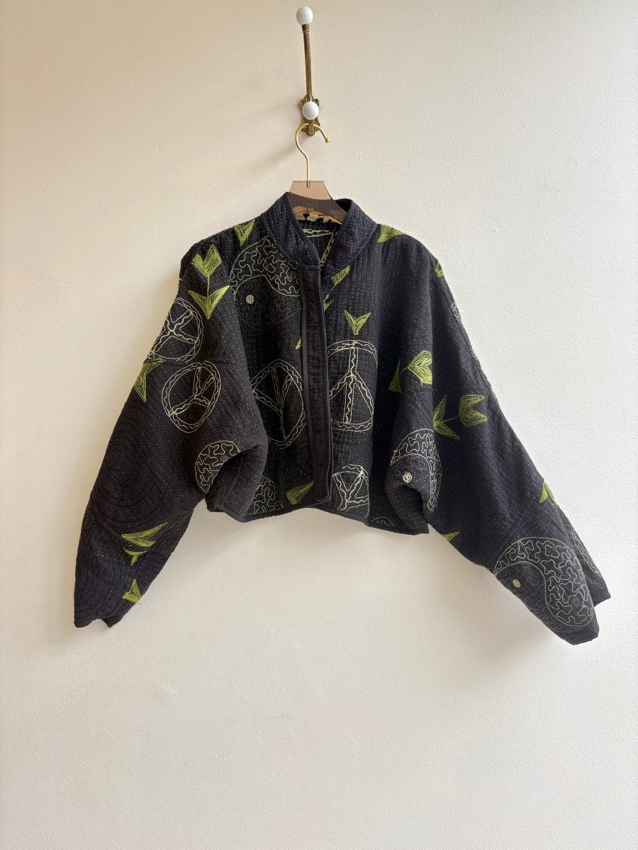 Reversible Kaira Suzani Quilted Cropped Jacket in Colors Black, Sage, Green & Black, Sage, Green - Made X Hudson