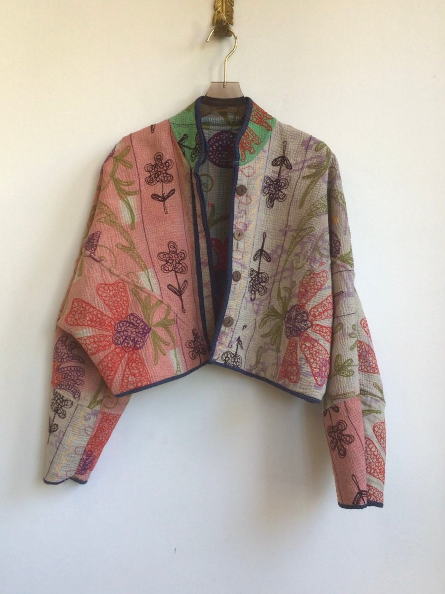 Reversible Kaira Suzani Quilted Cropped Jacket in Colors Blue, Green, Lavender, Red & Lavender, Blush, Soft Green, Red, Purple - Made X Hudson