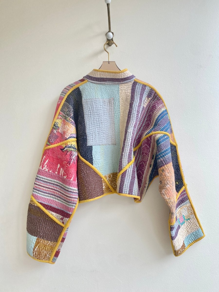 Reversible Kaira Quilted Cropped Jacket in Colors Peach, Pink Patchwork & Purple w/ Mustard Piping - Made X Hudson
