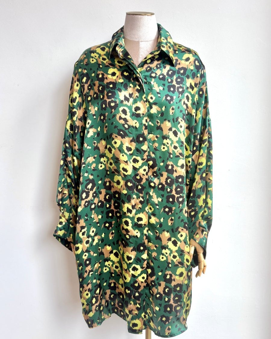 Silk Button Down Long Shirt in Forest Green, Bronze, and Black Floral Print - Made X Hudson