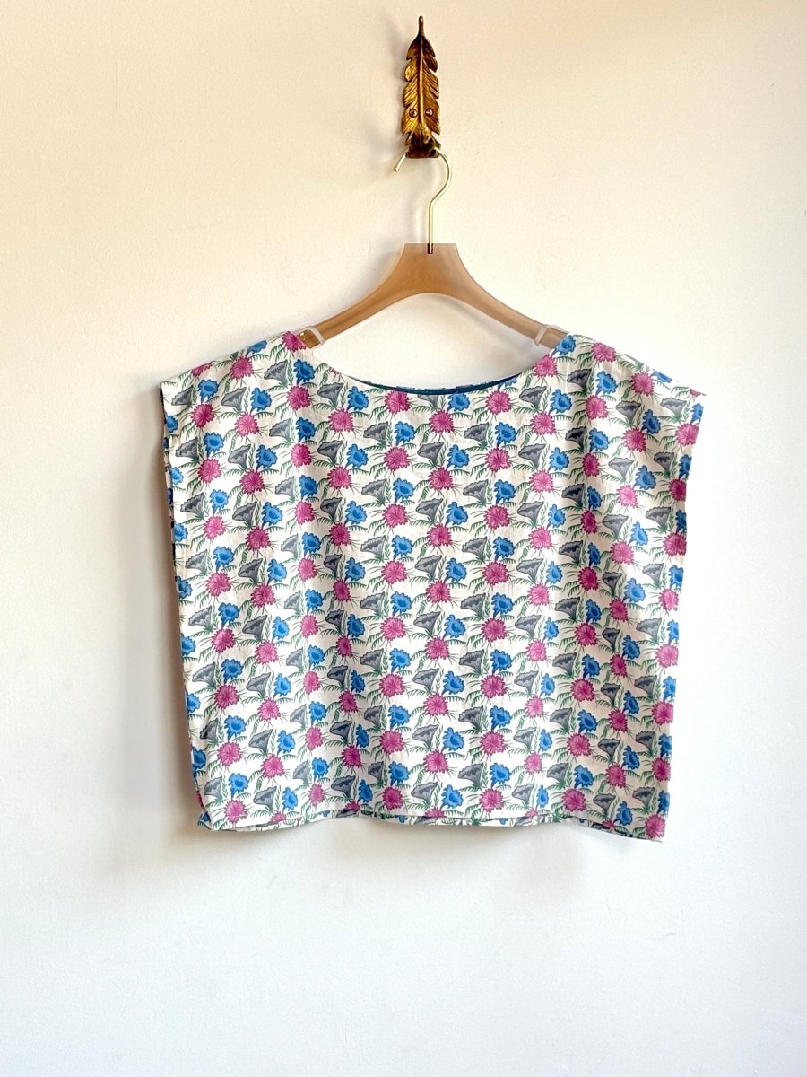 Fuschia, Grey & Blue Floral Print Box Top - Made X Hudson