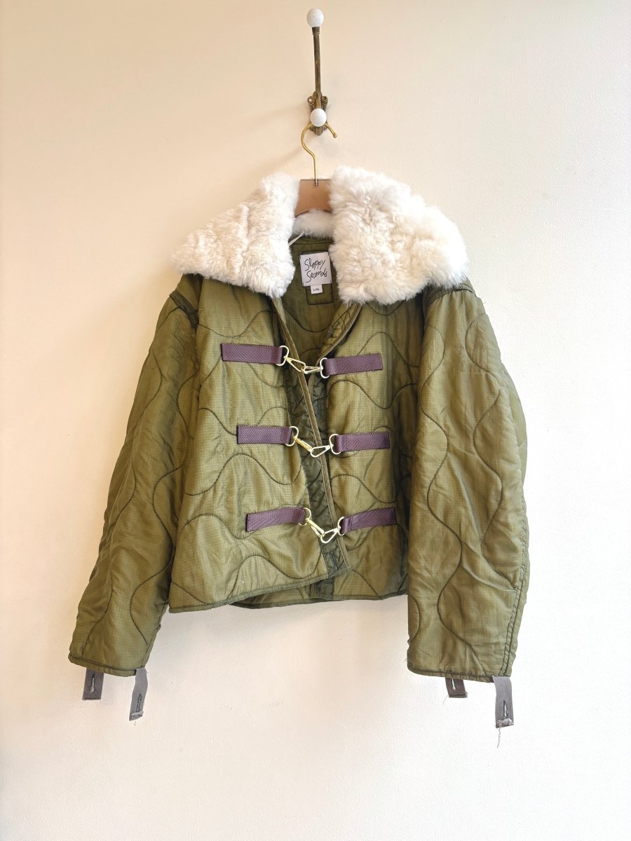 Olive Army Liner Quilted Coat w/ White Alpaca Fur Collar & Peat Gold Clasps (Reworked) - Made X Hudson