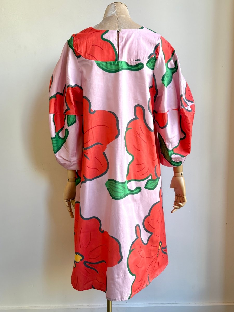 Pink & Red Flower Bib Dress w/ Balloon Sleeves - Made X Hudson
