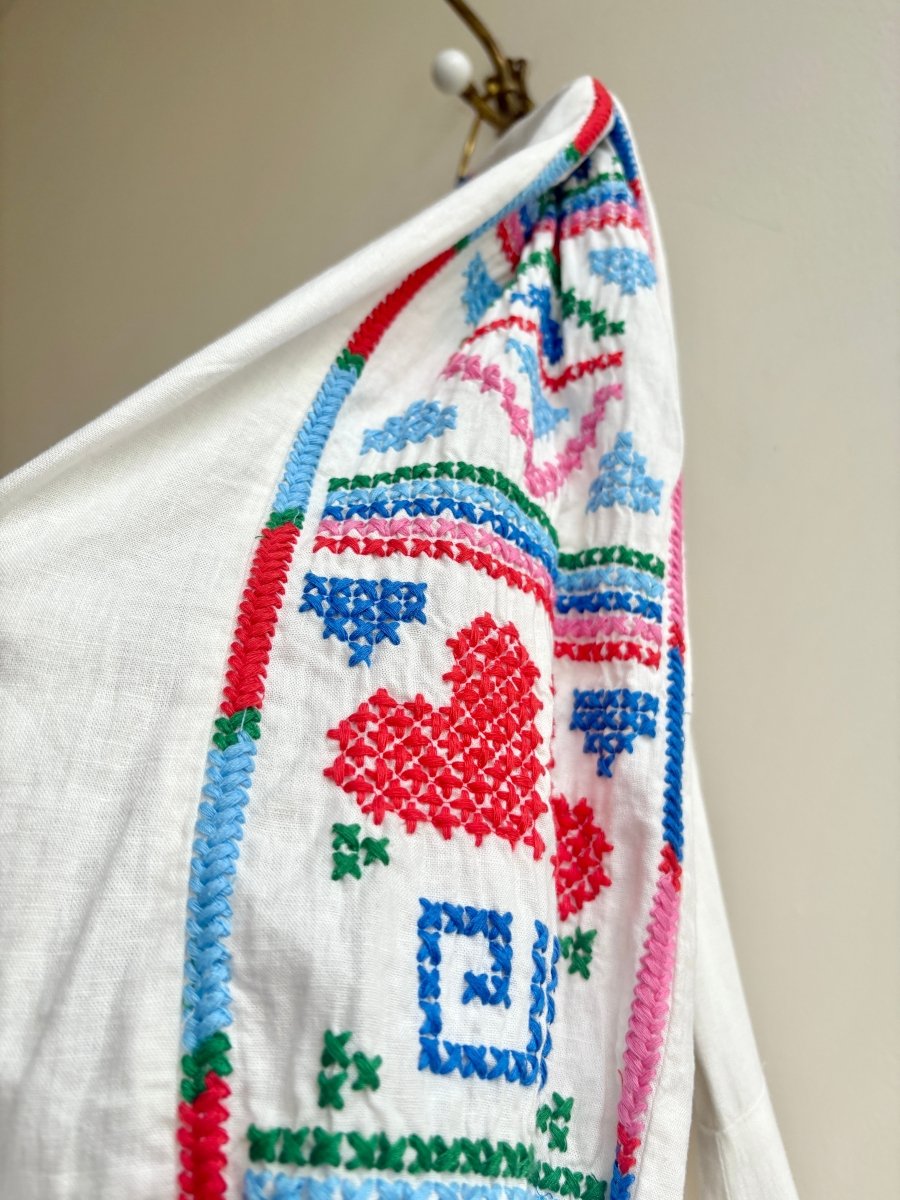 Farm Rio | White Multi - Colored Embroidered Button Up Long Sleeved Dress (Vintage) - Made X Hudson