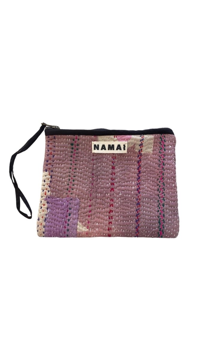 Biju Vintage Kantha Quilted Zipper Pouch in Colors Mauve, Purple & Cream - Made X Hudson