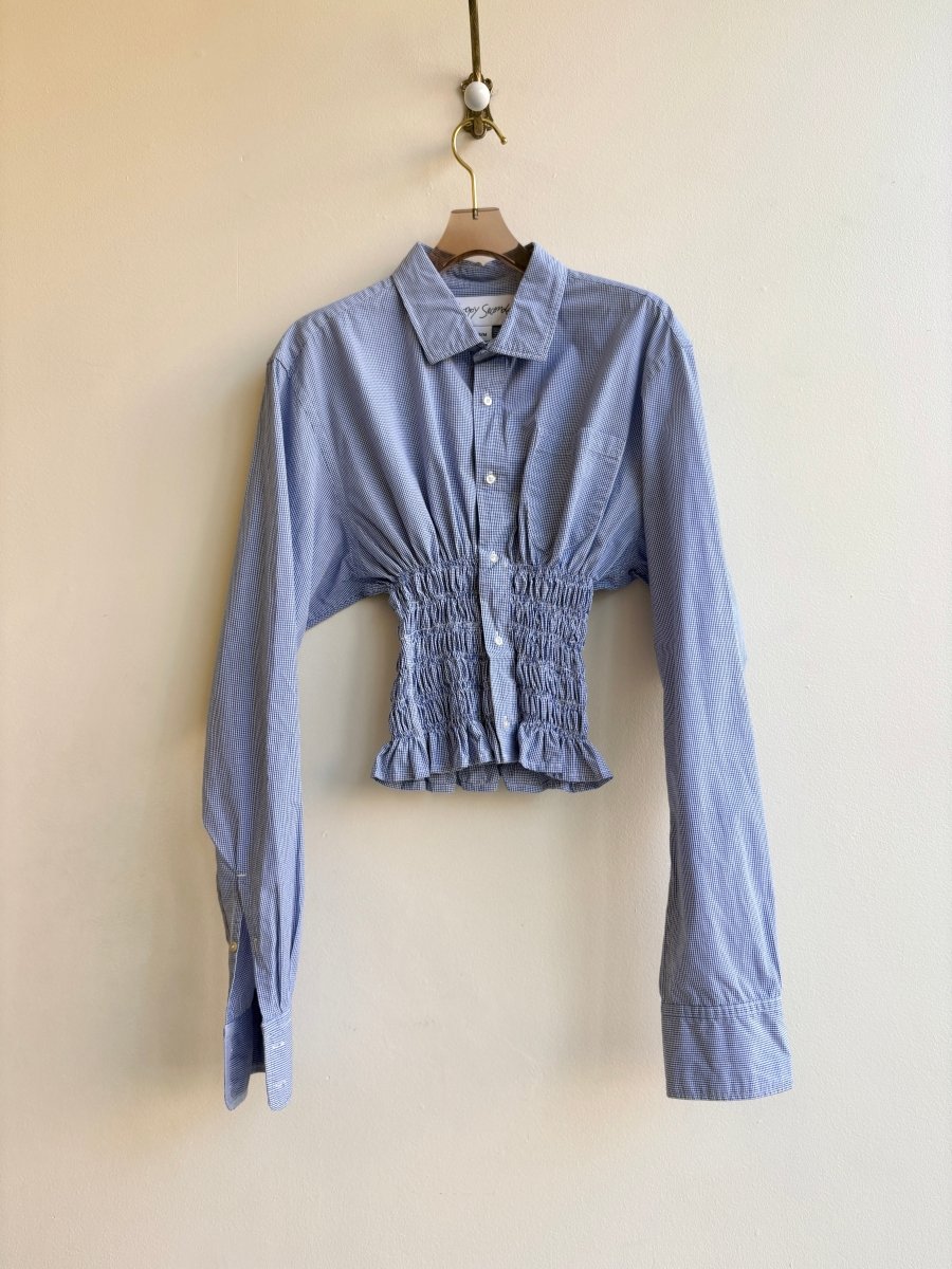 The George Top | Blue & White Mini Gingham Button Down Top w/ Smocked Waist (Reworked) - Made X Hudson
