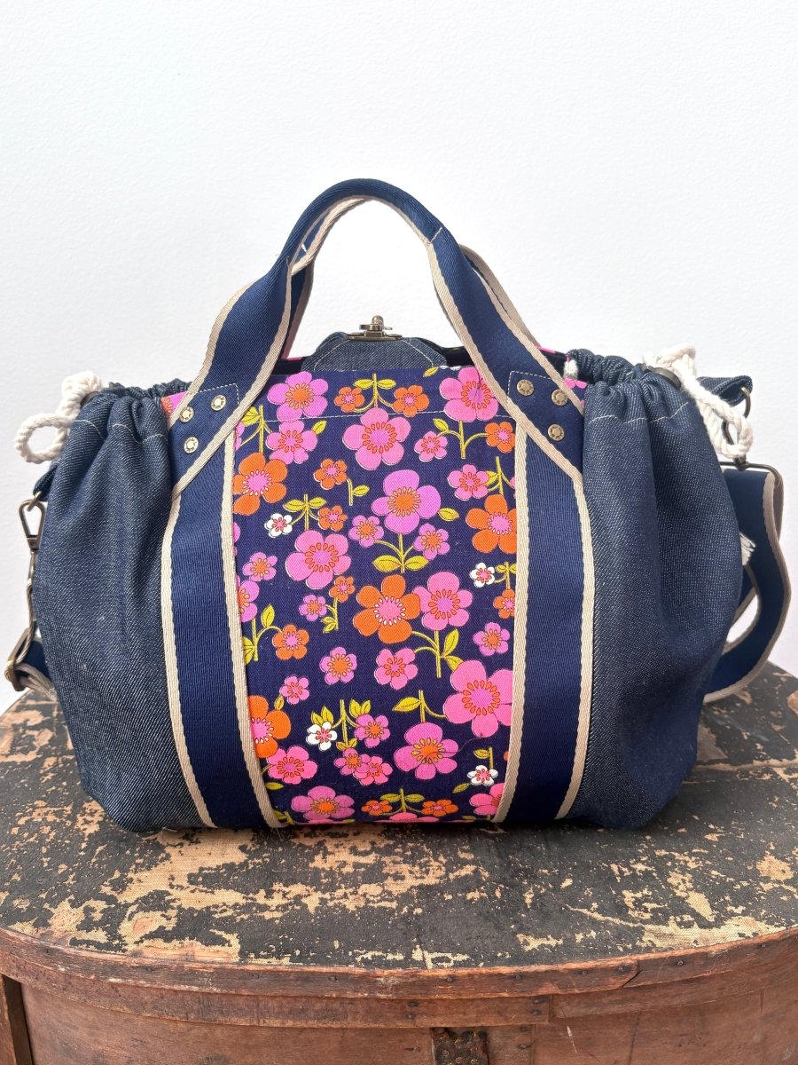 Mini Cross - Body Duffel Bag in Denim and Pink Retro Flowers w/ Navy Webbing - Made X Hudson