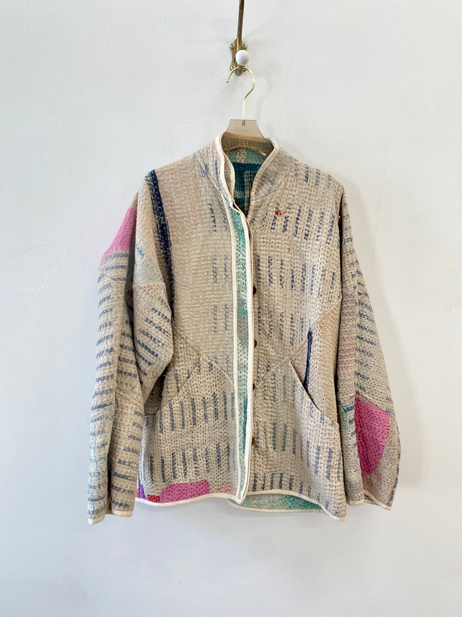 Reversible Ladhiya Quilted Jacket in Colors Baby Blue, Teal, Cream & Cream w/ Blue Stripes - Made X Hudson