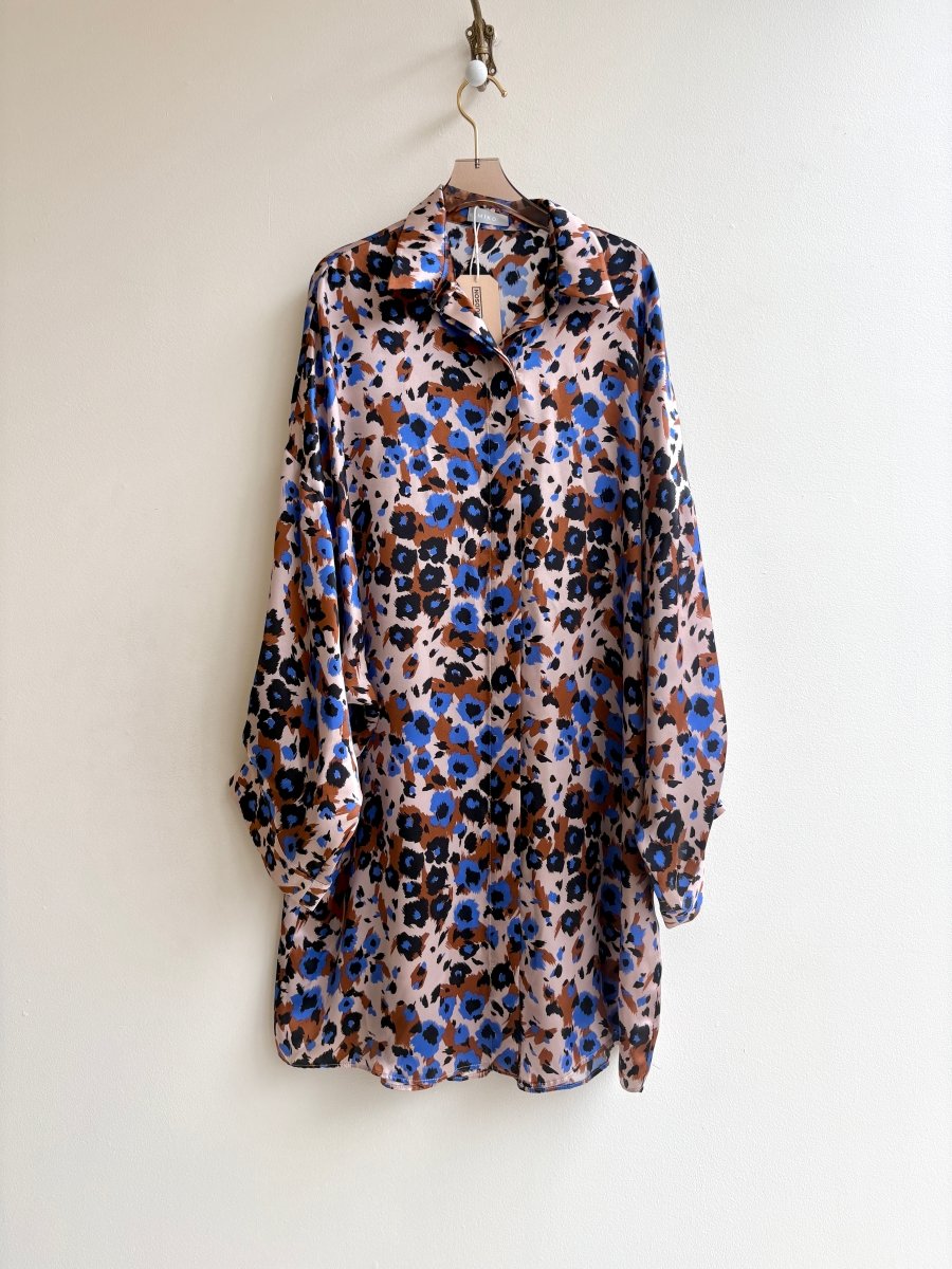 Silk Button Down Long Shirt in Soft Pink, Rust, Cobalt, and Black Floral Print - Made X Hudson