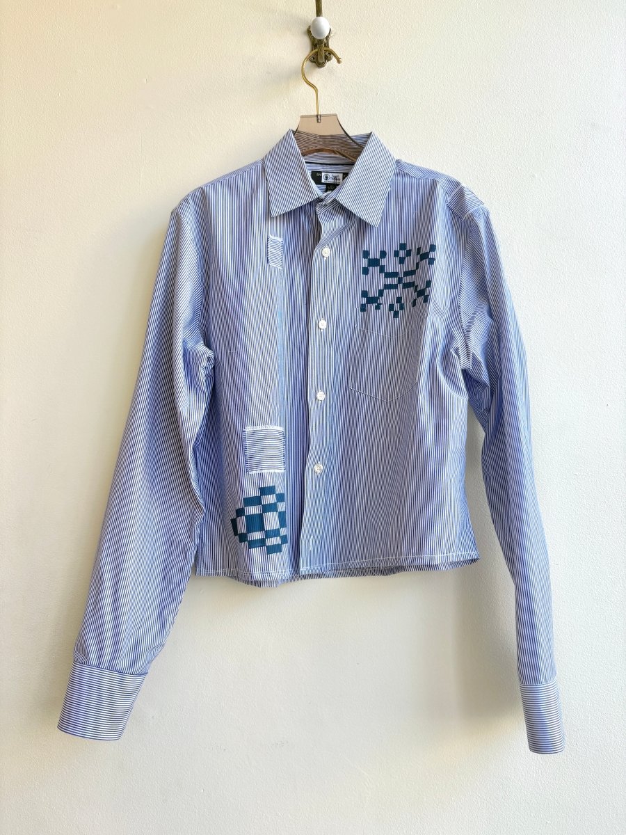 Indigo Quilt Checker Blue Stripe Crop Button-Up | Hand Painted (Reworked) - Made X Hudson