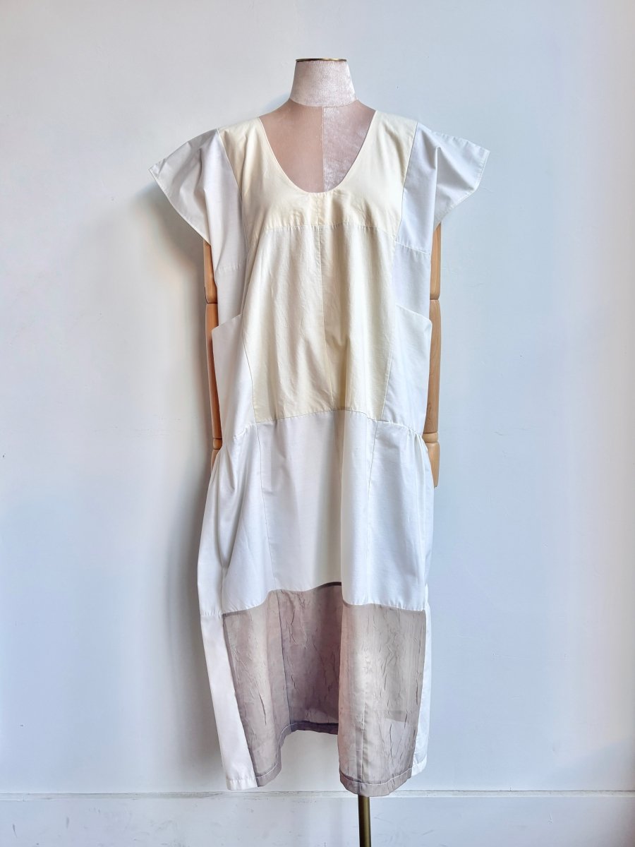 White, Cream, and Sheer Taupe Gridded Caftan (Reworked) - Made X Hudson
