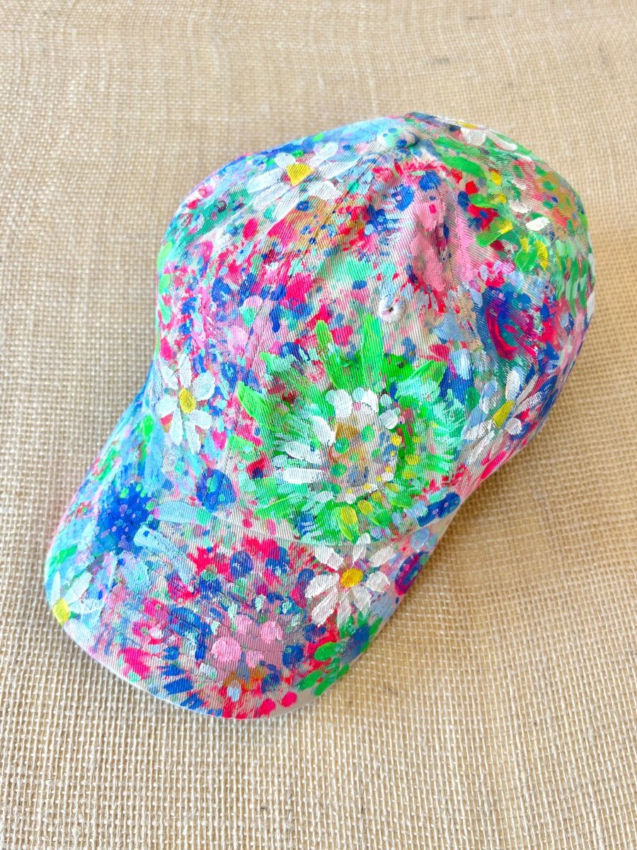"Verna" Khaki Baseball Cap w/ Green Neon Flowers | Hand Painted - Made X Hudson