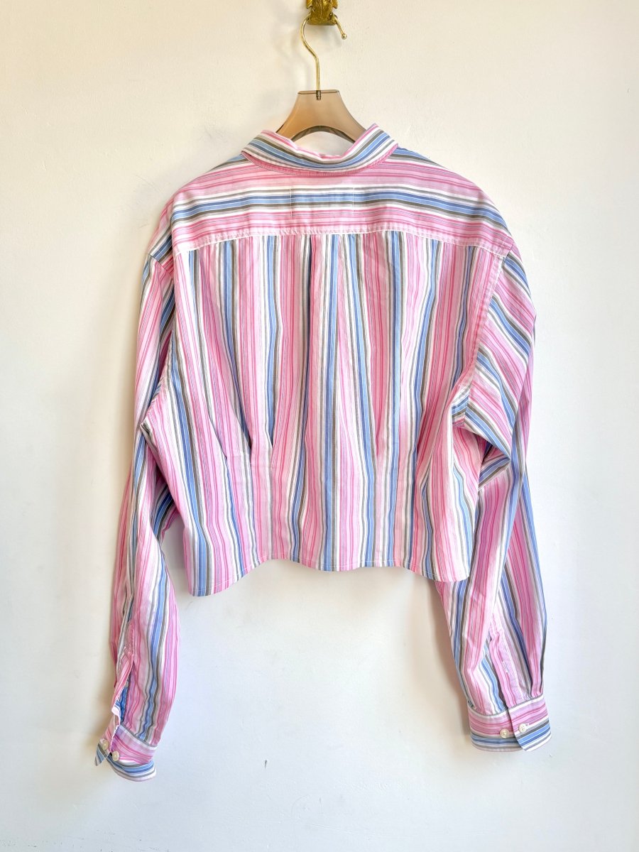 The Kevin Top | Pink, Khaki, and Blue Stripes w/ Gathered Waist (Reworked) - Made X Hudson