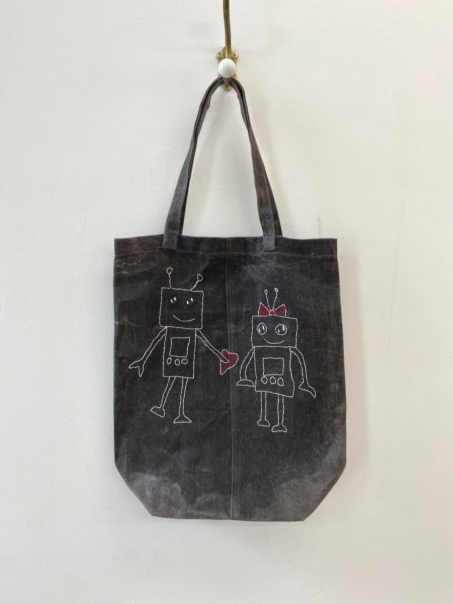 Gray Cotton Tote Bag w/ Embroidered Robots - Made X Hudson