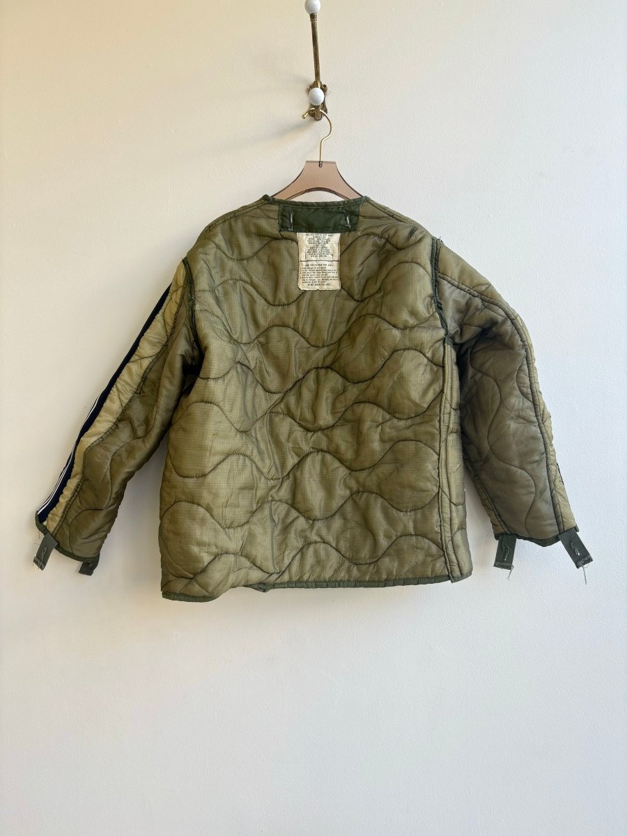 Olive Green Army Liner Quilted Zip - Up Coat w/ Navy White Striped Sleeves (Reworked) - Made X Hudson