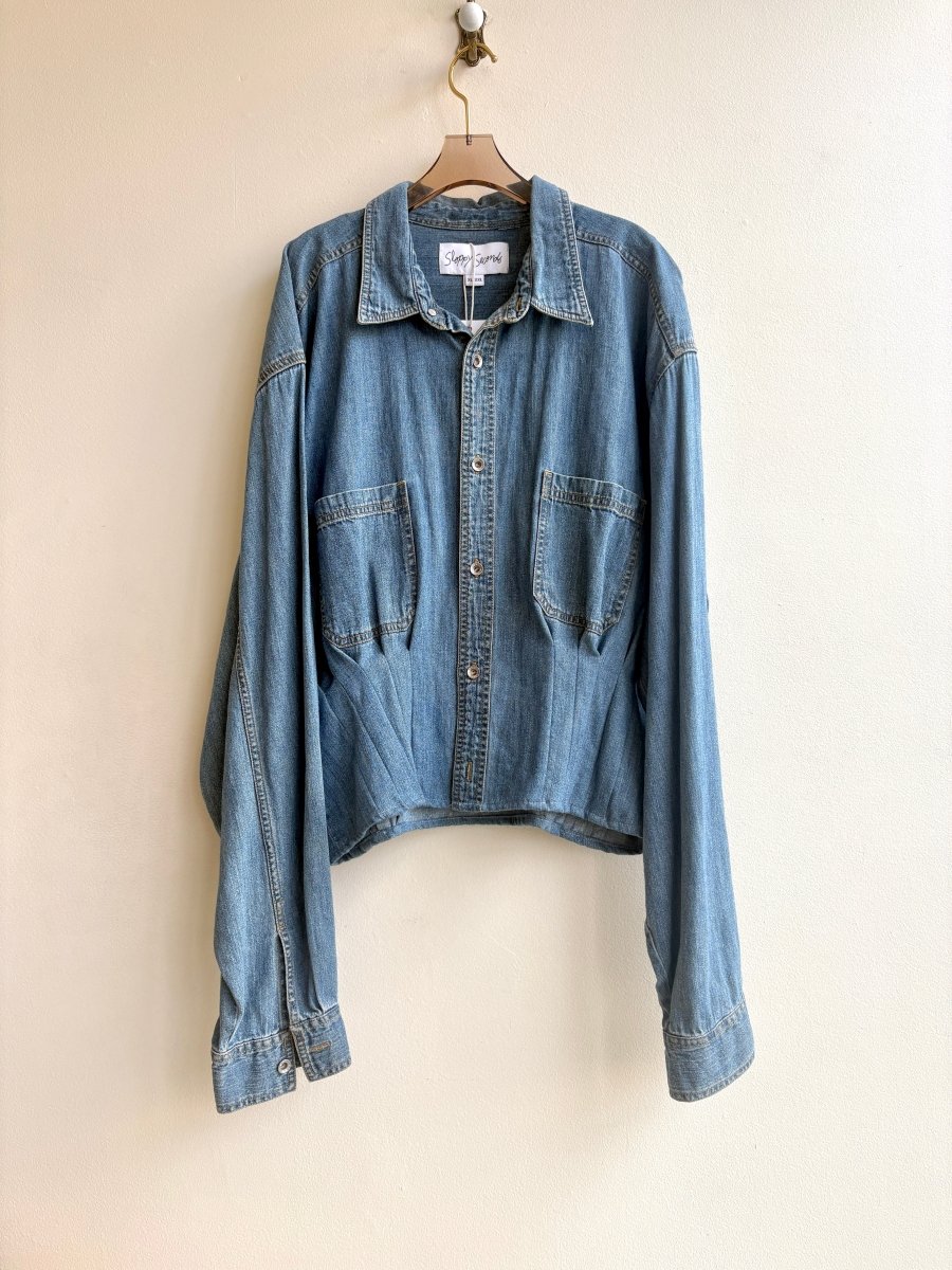 The Kevin Top | Cloud Blue Denim w/ Gathered Waist and Silver Post Buttons (Reworked) - Made X Hudson