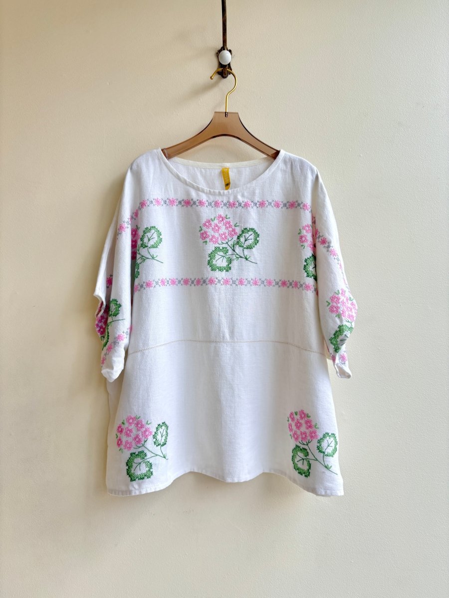 Pink & Green Embroidered Geranium Picnic Top - Made X Hudson