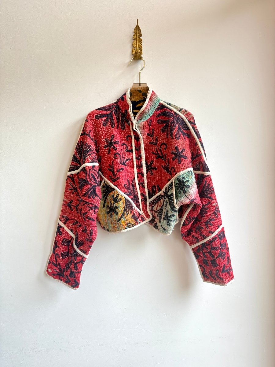 Reversible Kaira Suzani Quilted Cropped Jacket in Colors Mustard, Rust, Sage, Black & Red, Teal, Mustard, Black - Made X Hudson