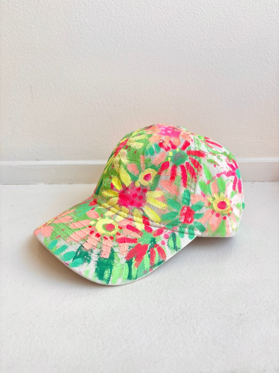 Natural Canvas Hand Painted Neon Green Multi Color Flowers Baseball Cap - Made X Hudson