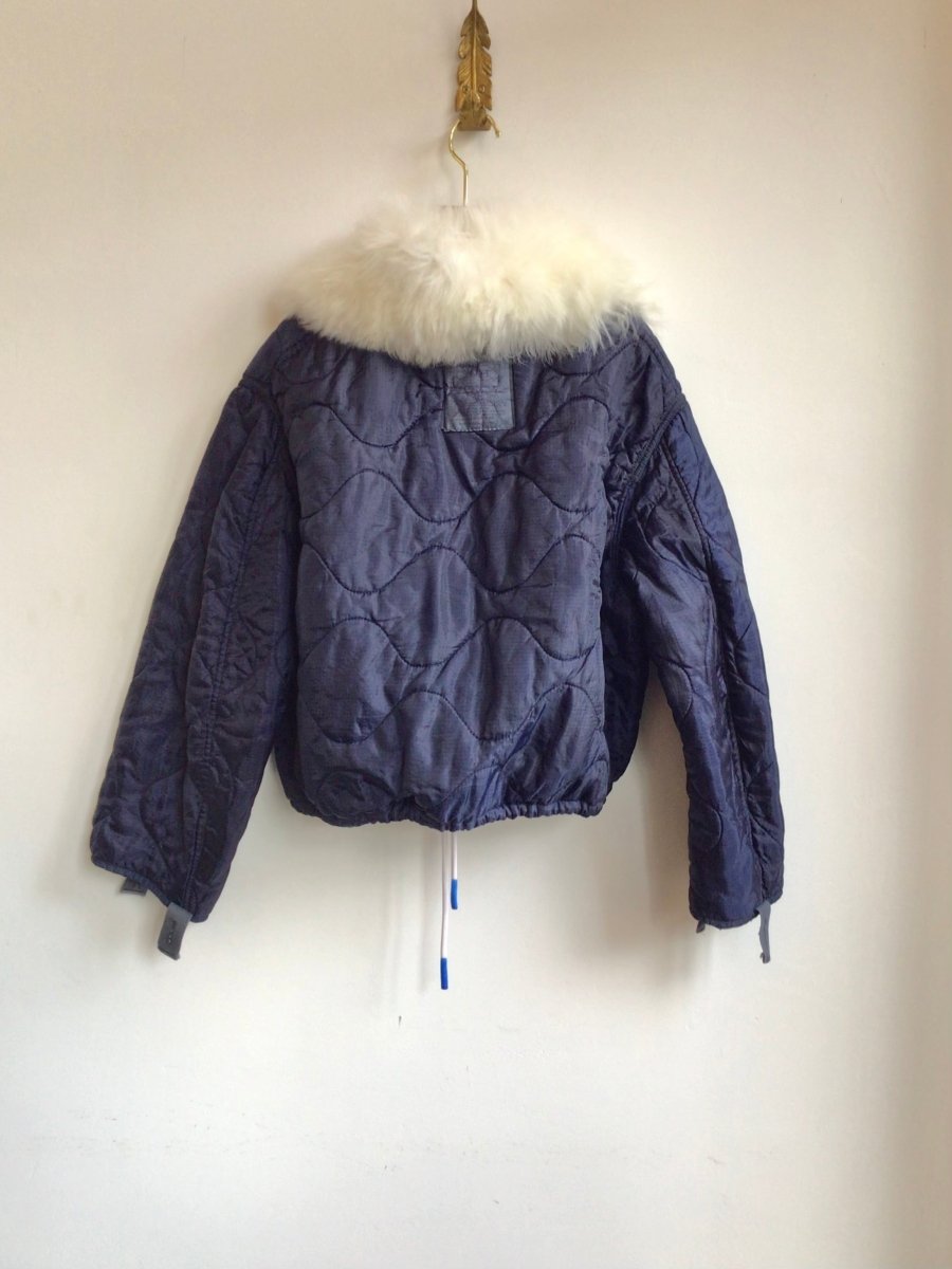 2 - Tone Navy Army Liner Quilted Coat w/ Cream Alpaca Collar & White Button Close & Blue Tassel (Reworked) - Made X Hudson