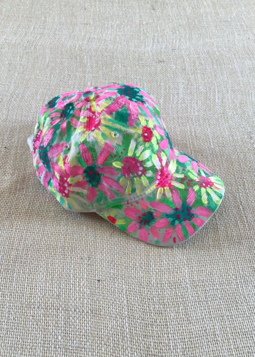 Natural Canvas Hand Painted Neon Pink & Yellow Flowers Baseball Cap - Made X Hudson