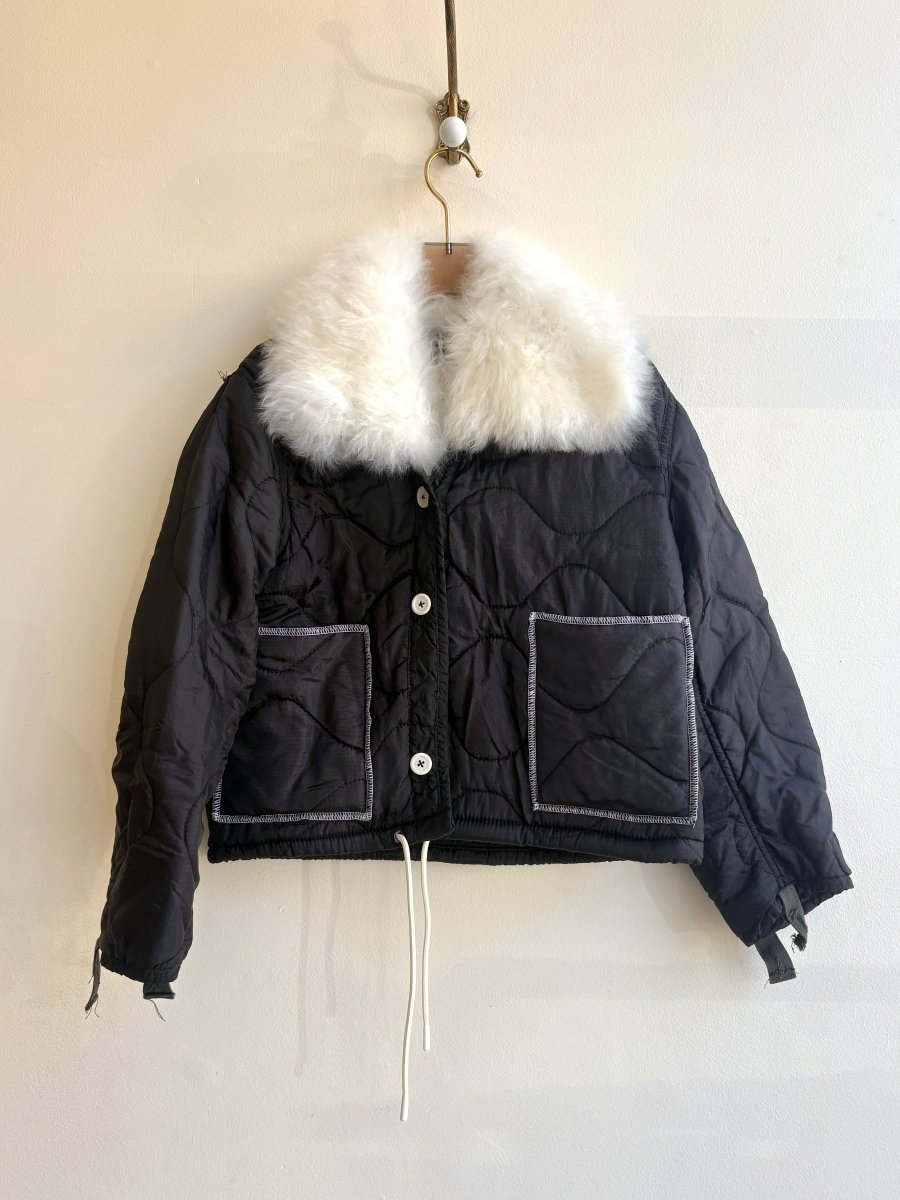 Black Army Liner Quilted Coat w/ White Alpaca Fur Collar, White Buttons & White Drawstring (Reworked) - Made X Hudson