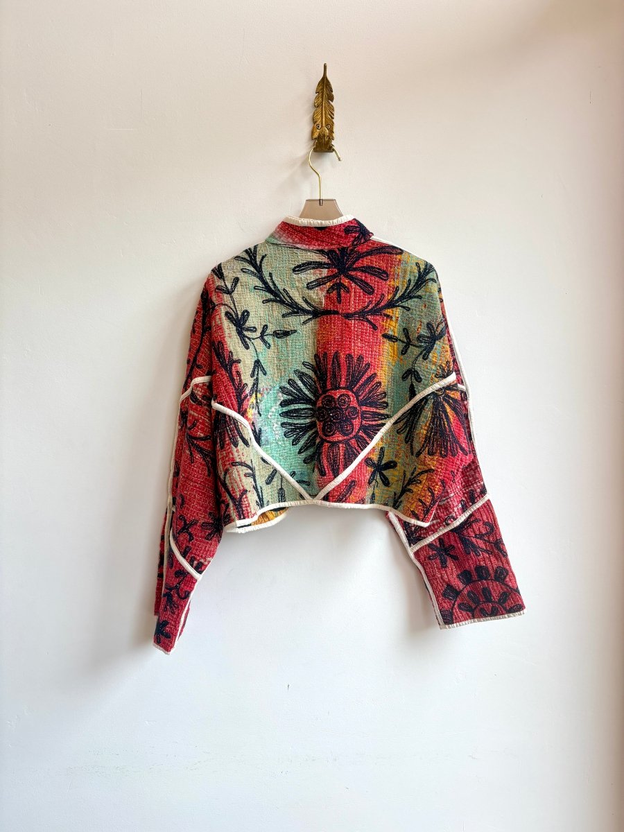 Reversible Kaira Suzani Quilted Cropped Jacket in Colors Mustard, Rust, Sage, Black & Red, Teal, Mustard, Black - Made X Hudson