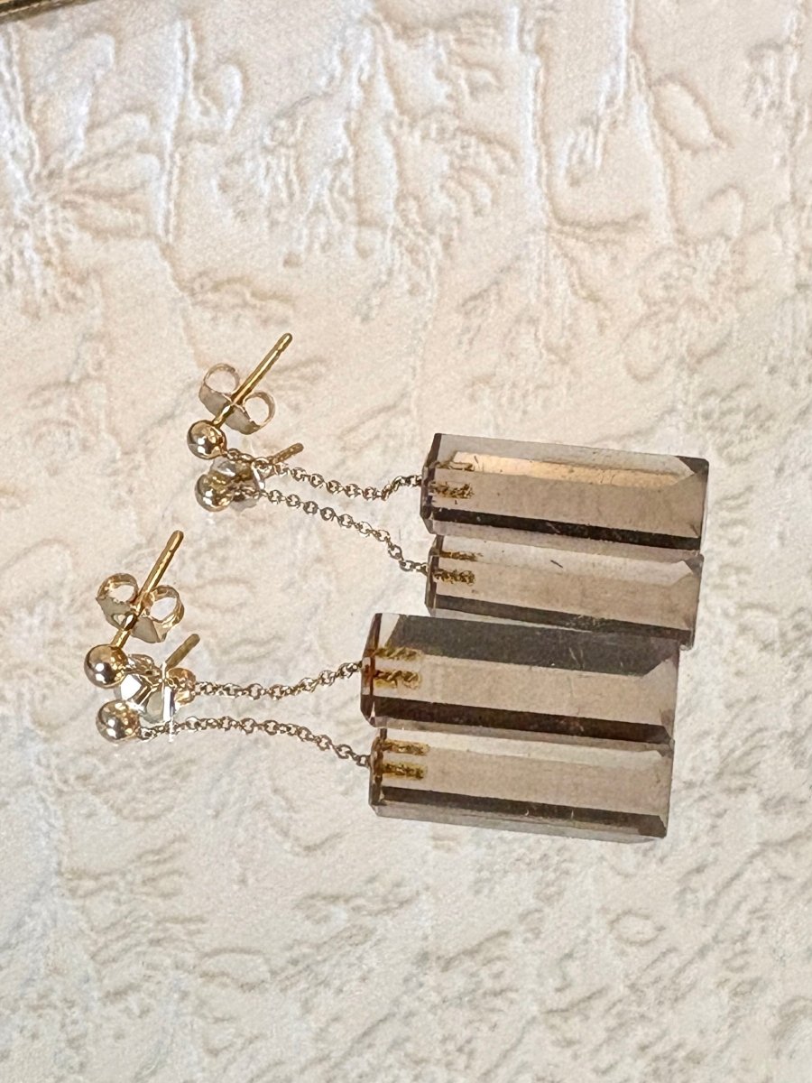 14K Gold & Smoky Topaz Stone Dangle Prism Drop Earrings - Made X Hudson