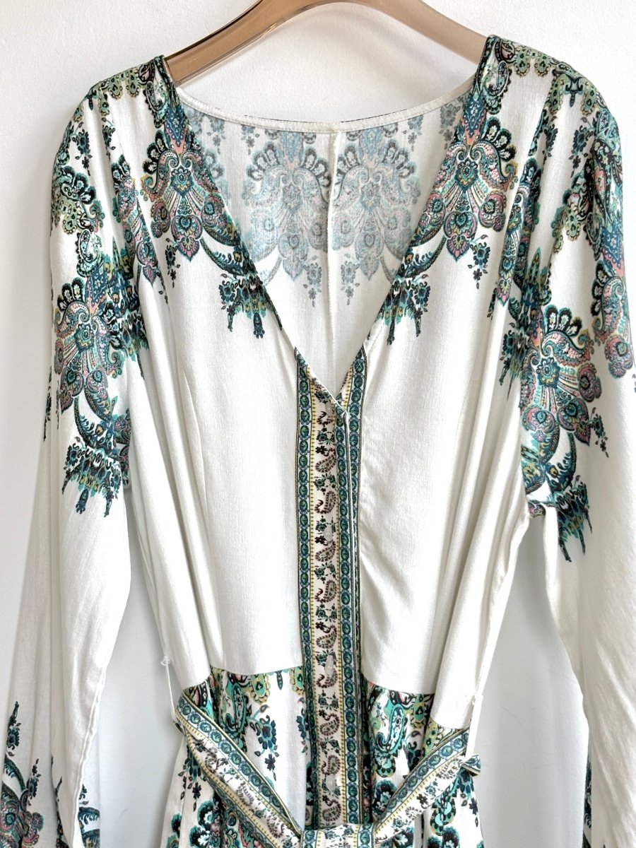 White & Turqouise Paisley Printed Maxi Dress (Vintage) - Made X Hudson