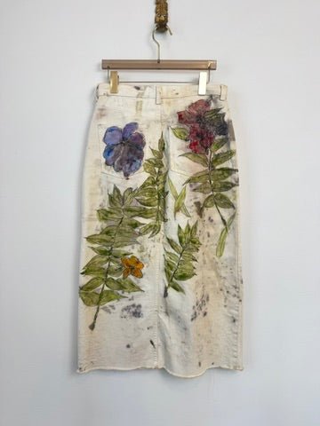 "Gianna" Eco-Printed and Hand Drawn White Denim Skirt (Reworked) - Made X Hudson