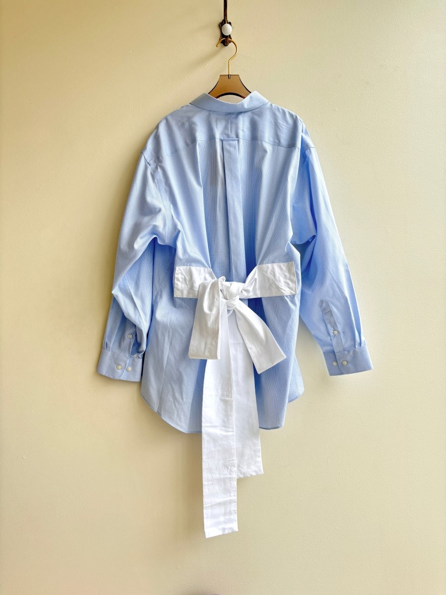 The Patrick Top | Blue Mini Checkered Shirt w/ White Belting (Reworked) - Made X Hudson