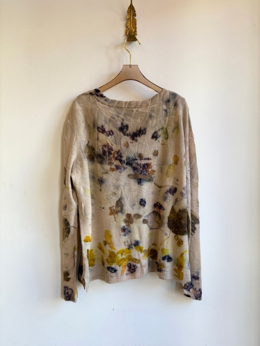 Pale Pink & Yellow Cashmere Eco Printed V - neck Sweater (Reworked) - Made X Hudson