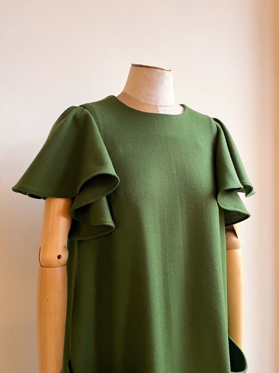 Green Wool Chore Dress with Flutter Sleeve and Patch Pockets - Made X Hudson