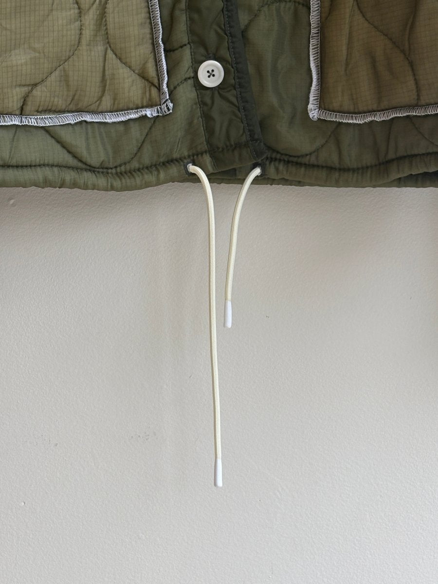Olive Green Army Liner Quilted Coat w/ Light Olive Patch Pockets & White Drawstring | Multiple Sizes (Reworked) - Made X Hudson