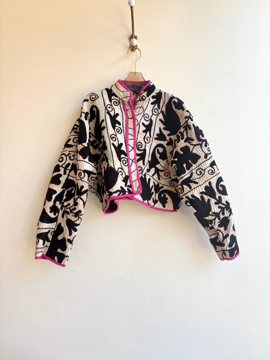 Reversible Suzani Quilted Cropped Jacket in Colors Deep Lavender, Purple, Black & Ecru, Light Seafoam, Black - Made X Hudson