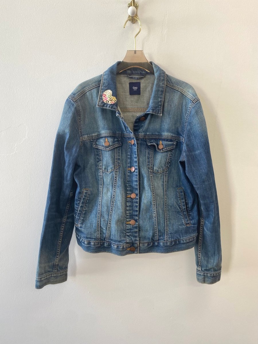 Denim Jacket with Patchwork (Quilted Rectangle & Lace Trim) (Reworked) - Made X Hudson