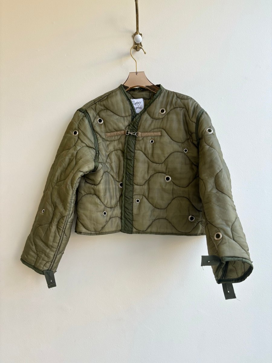 Olive Green Army Liner Quilted Coat w/ Silver Grommets & Clasp (Reworked) - Made X Hudson