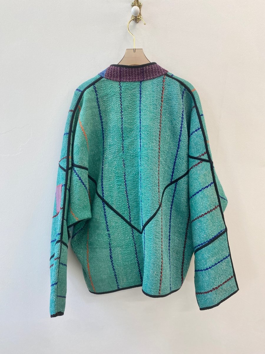 Reversible Ladhiya Quilted Jacket in Colors Turquoise w/ Blue, Red & Orange Embroidery & Plum w/ Beige Stripes - Made X Hudson