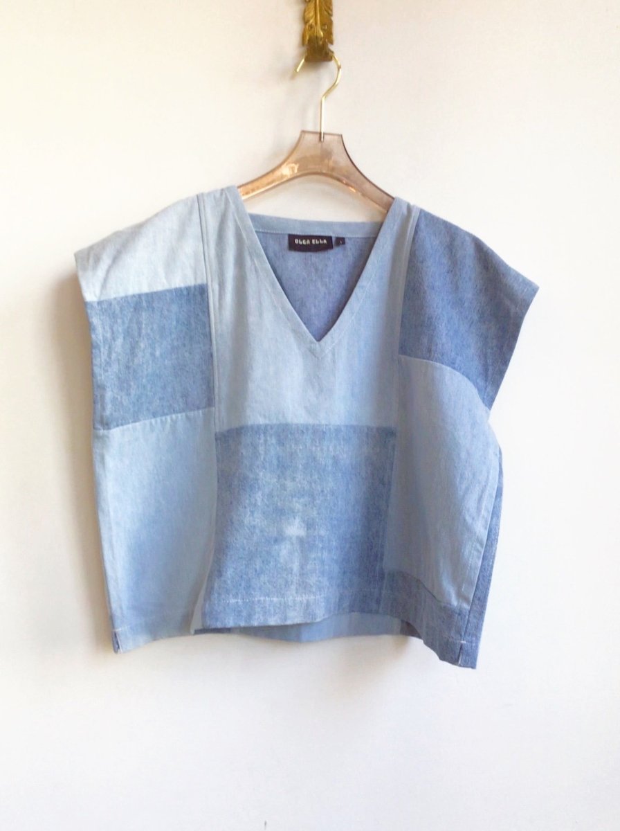 Wren Top in Light Blue Denim Patchwork - Made X Hudson