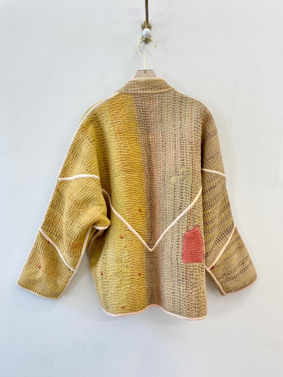 Reversible Ladhiya Quilted Jacket in Orange Floral Patchwork, Red Plaid, Green, Tan & Mustard, Tan - Made X Hudson