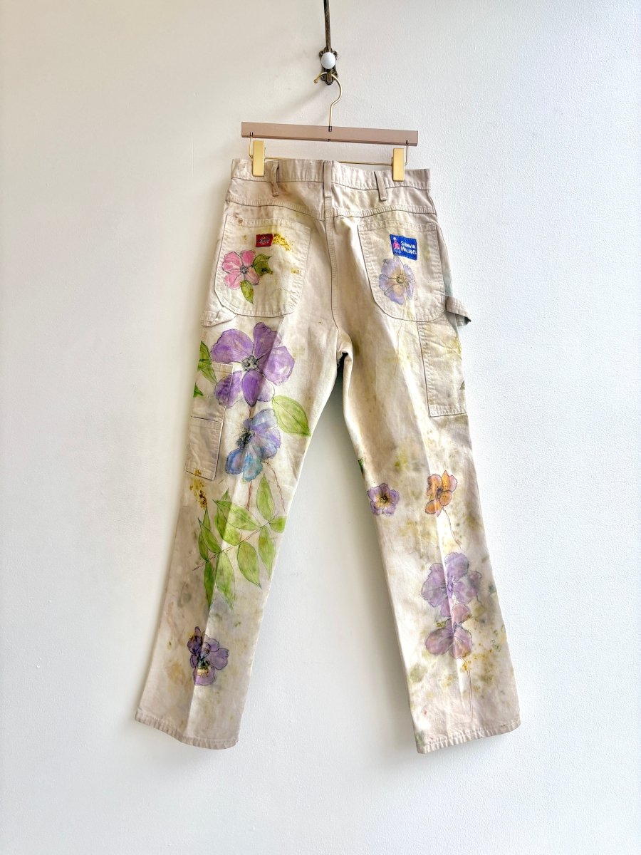 Purple Floral & Green Eco Printed, Painted & Hand Drawn Pants (Reworked) - Made X Hudson