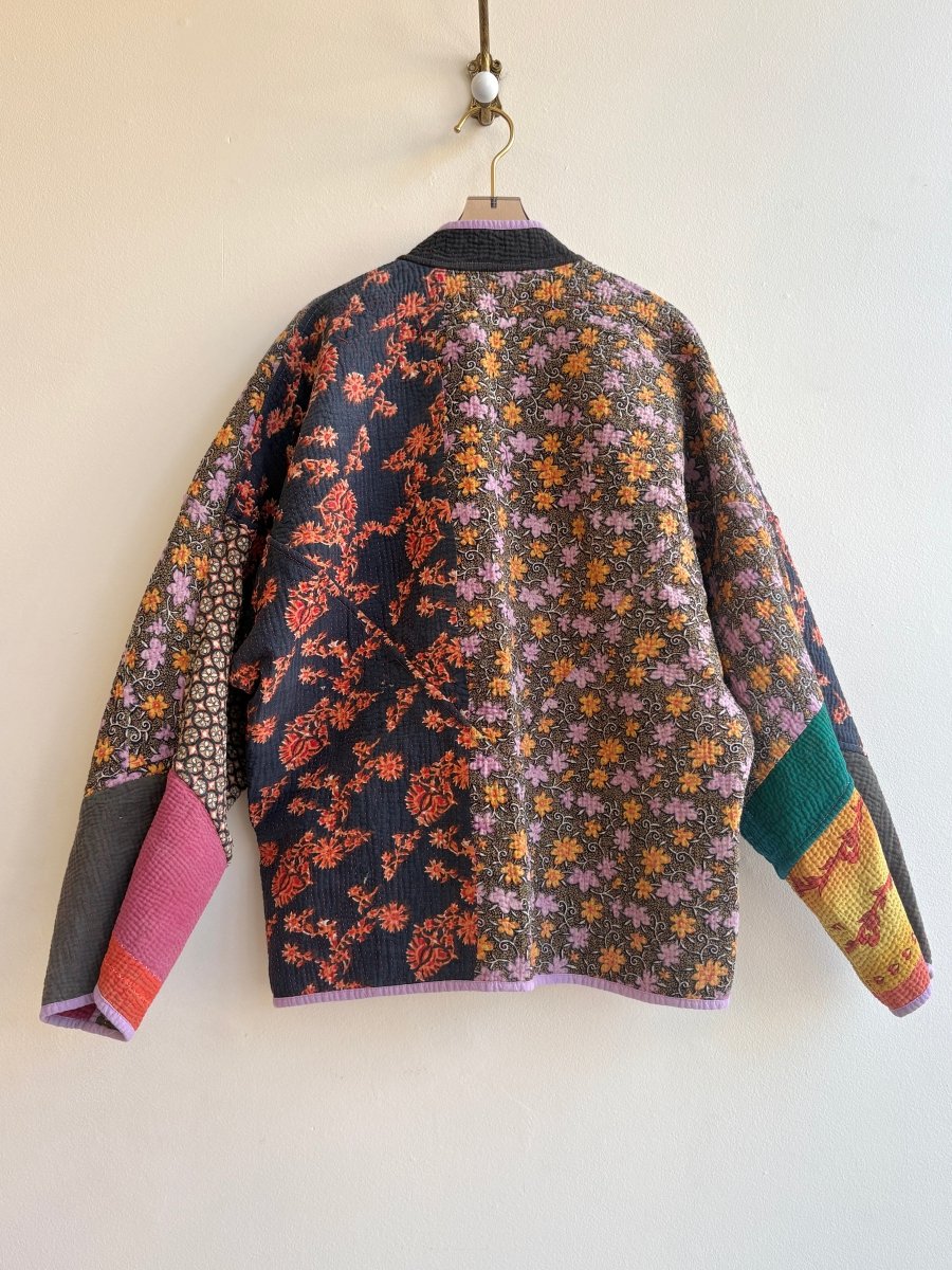 Reversible Ladhiya Quilted Jacket in Colors Red, Lavender, Orange & Multi Colored Floral Patchwork - Made X Hudson