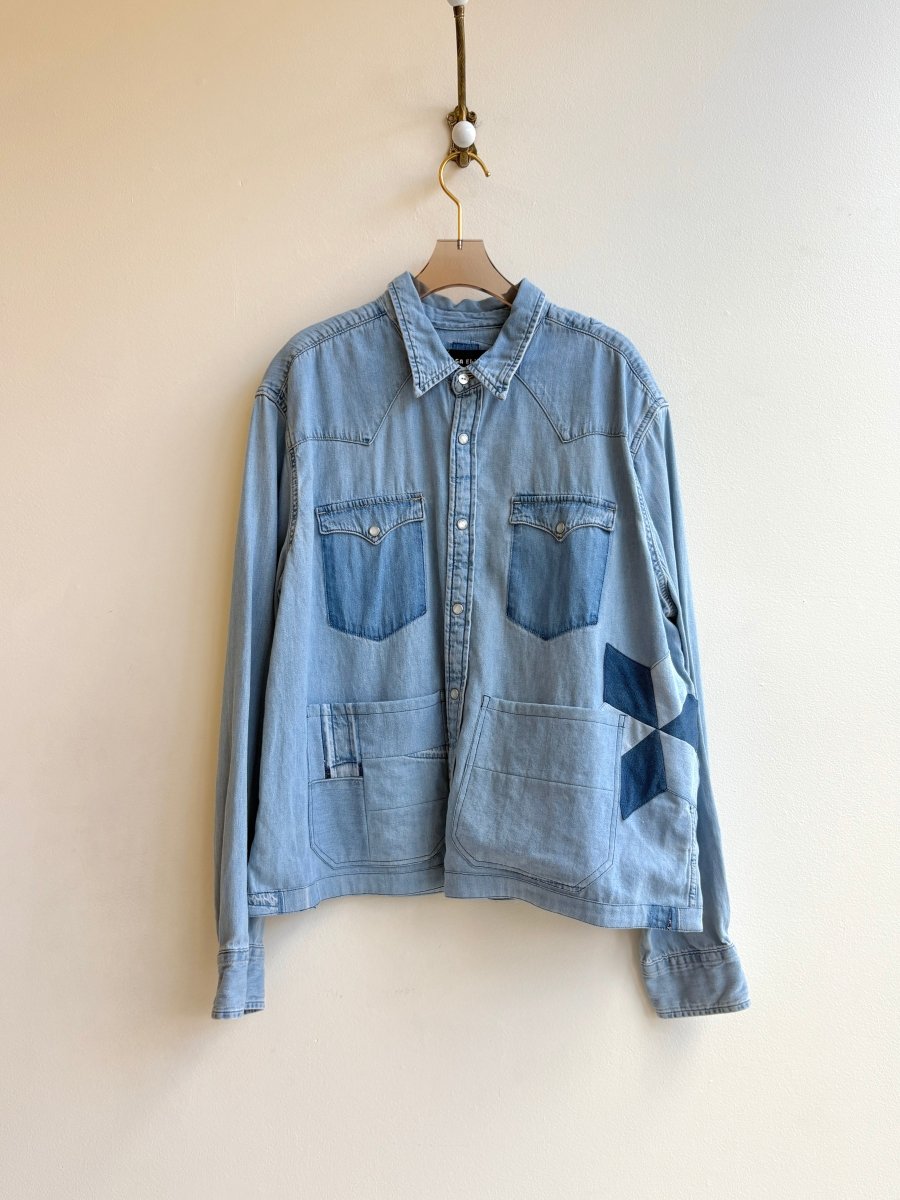 3 Quilted Star & Patched Pockets Denim Shirtjacket (Reworked) - Made X Hudson