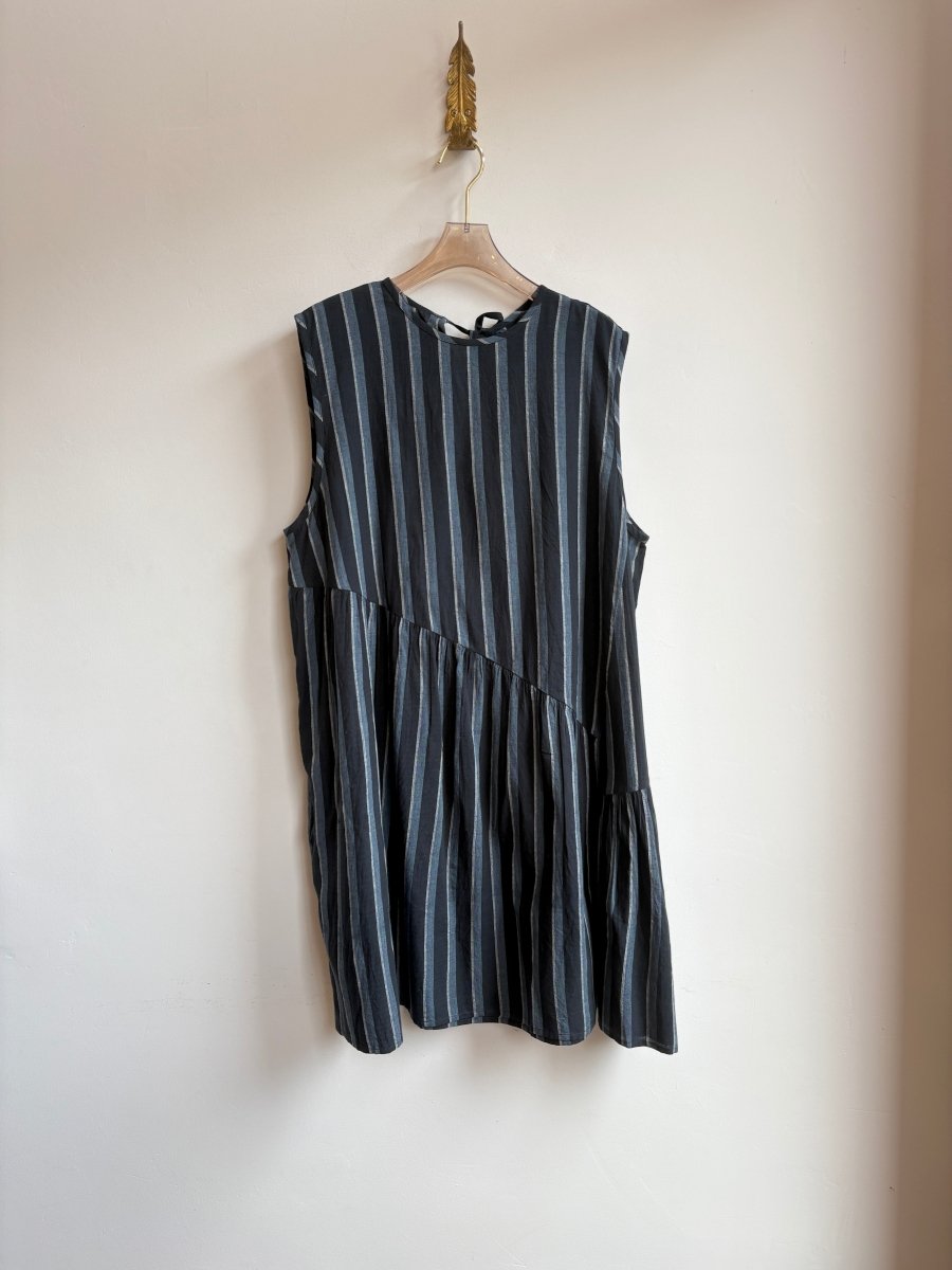 Anan Short Gathered Dress in Blue Tarmac Stripe - Made X Hudson