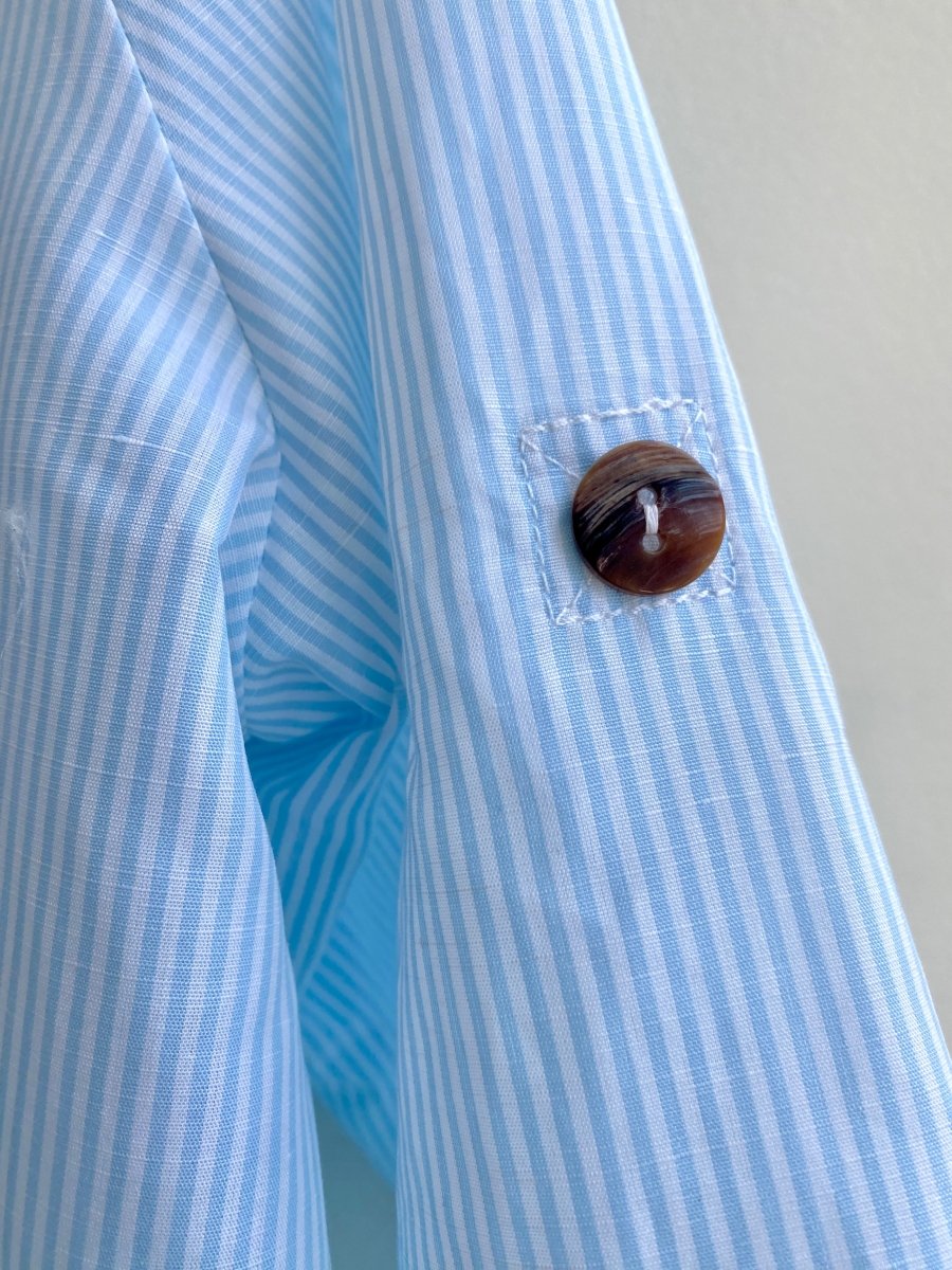 Pale Blue Mini - stripe Handkerchief Hem Shirt w/ Patch Pockets - Made X Hudson