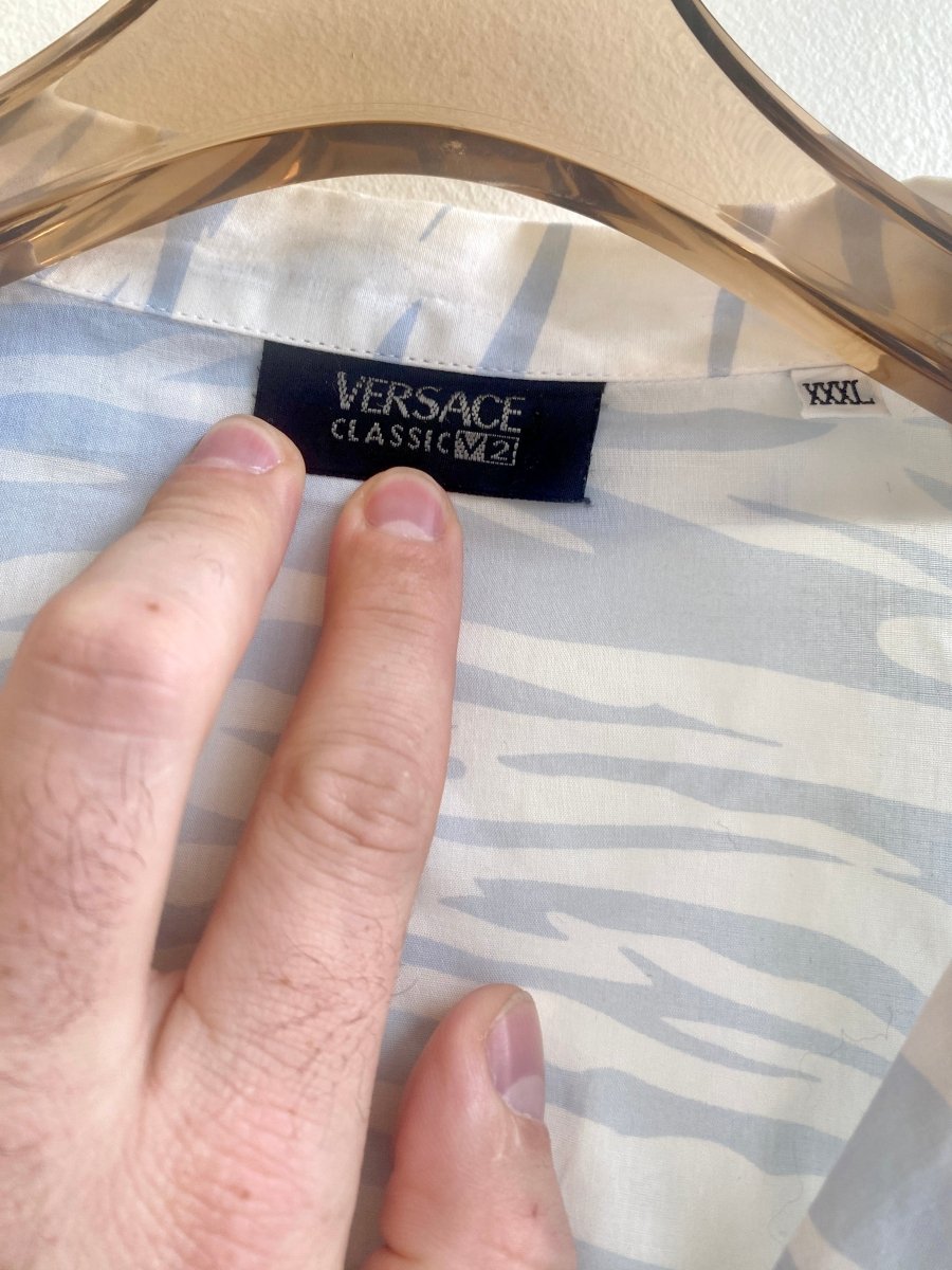 VERSACE Classic V2 | White & Pale Blue Tiger Print Button Up Top (Vintage) - Made X Hudson