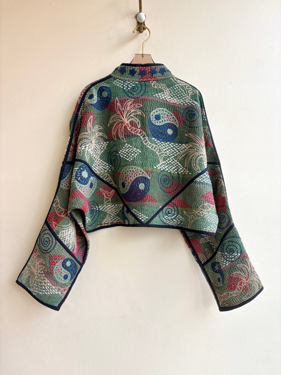 Reversible Kaira Suzani Quilted Cropped Jacket in Colors Fern Green, Ocean, Hot Red & Tangerine, Beige, Red - Made X Hudson